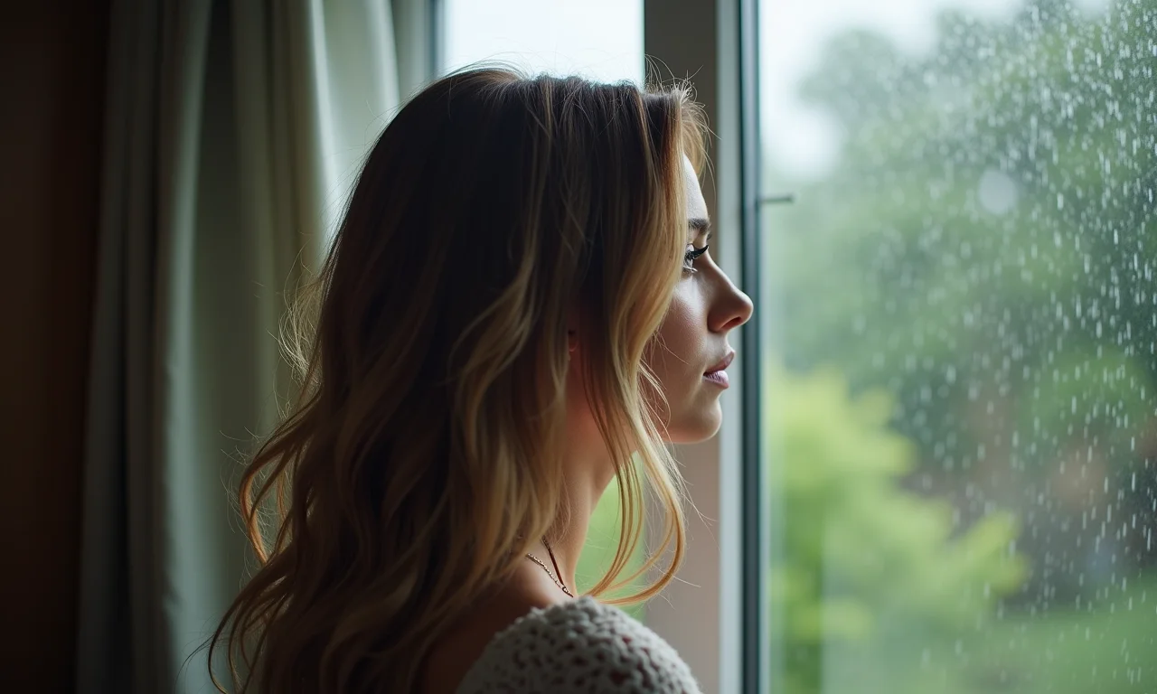 Mulher olhando pela janela em um dia chuvoso, mostrando o impacto da umidade no cabelo.