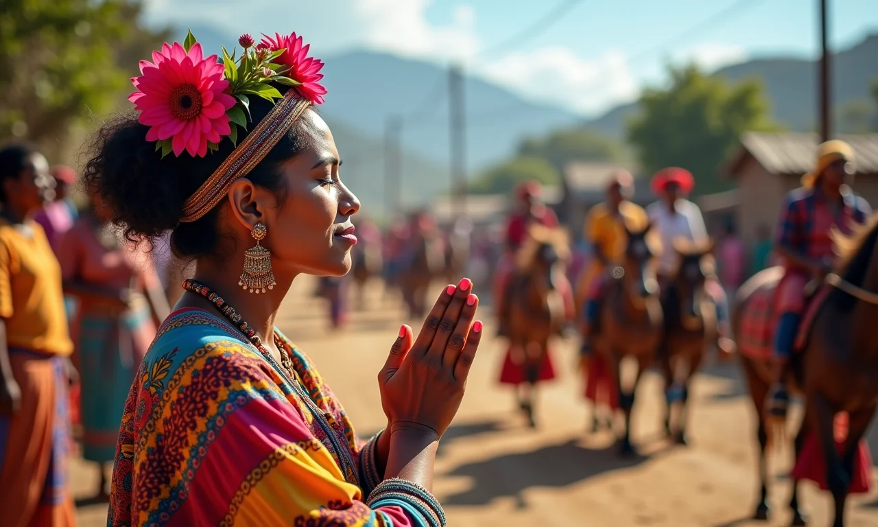 Mulher orando para Pomba Gira Cigana com caravana ao fundo