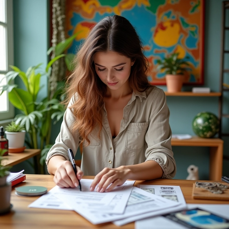 Mulher organizando documentos financeiros em mesa colorida.