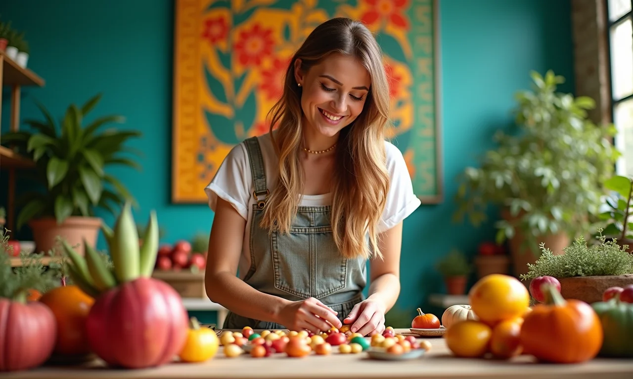 Mulher organizando objetos coloridos para foto do Instagram em cenário vibrante.