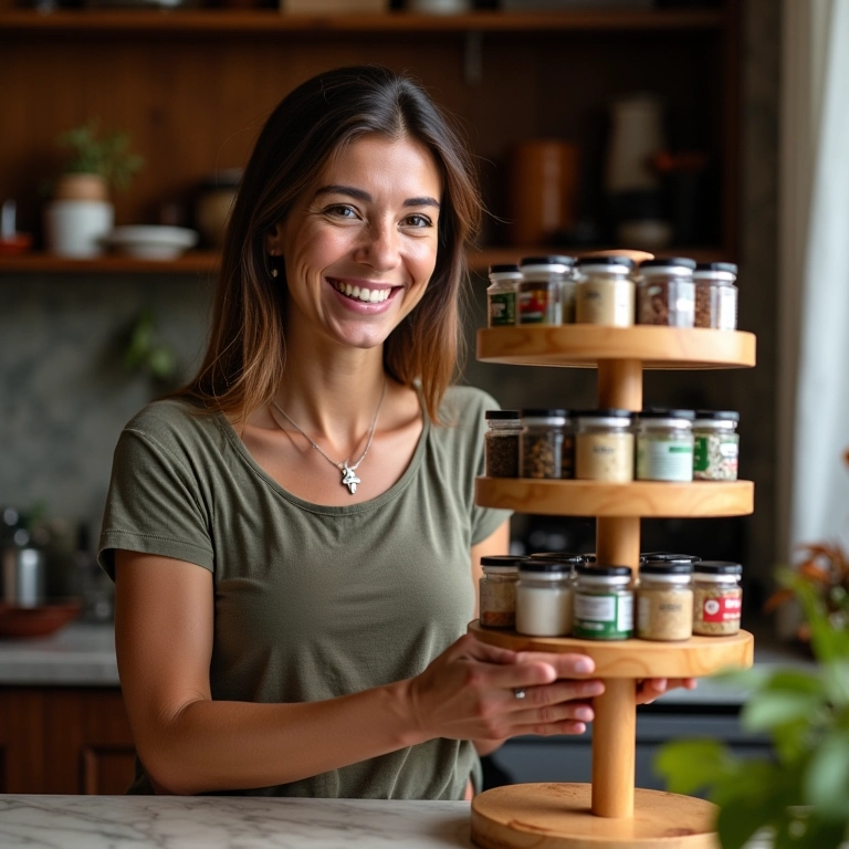 Mulher orgulhosa de seu porta condimentos giratório DIY.