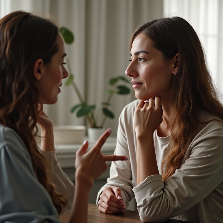 Mulher ouvindo atentamente uma amiga, oferecendo apoio e mantendo discrição.