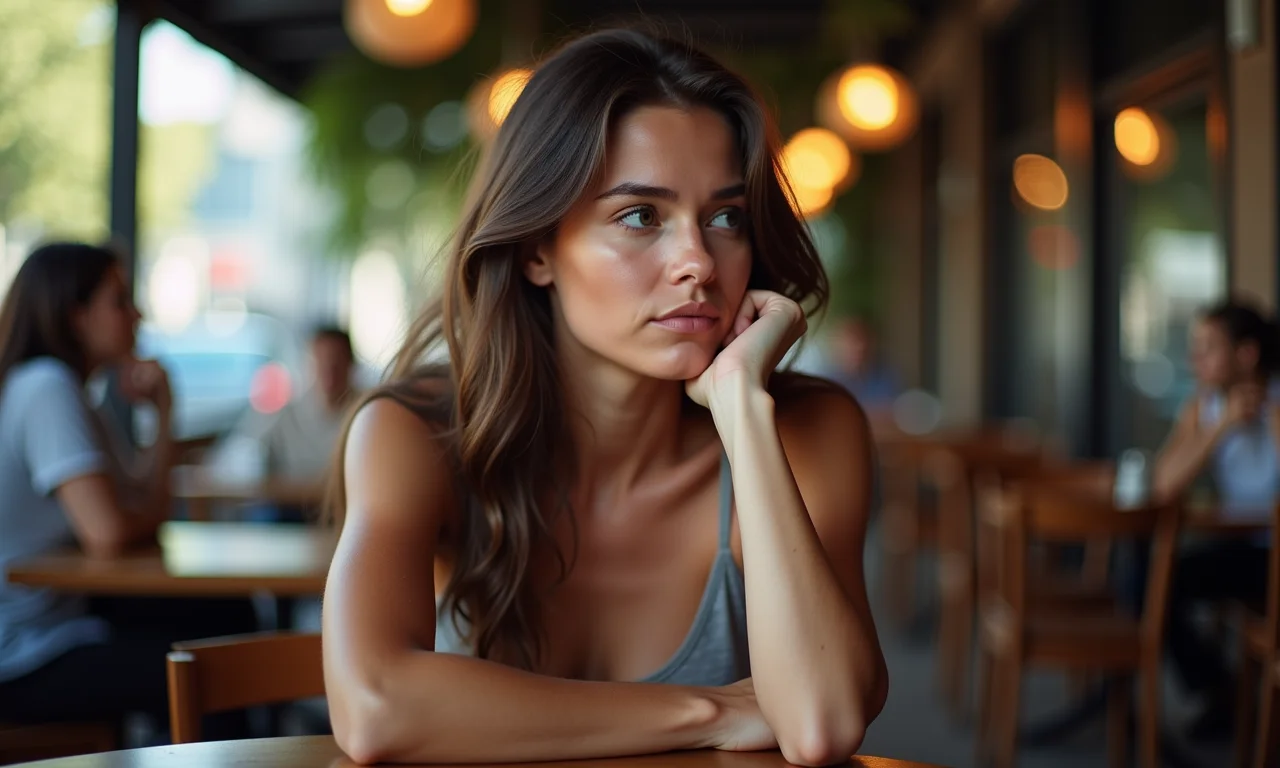 Mulher pensando sobre o interesse do outro em um café no Rio.