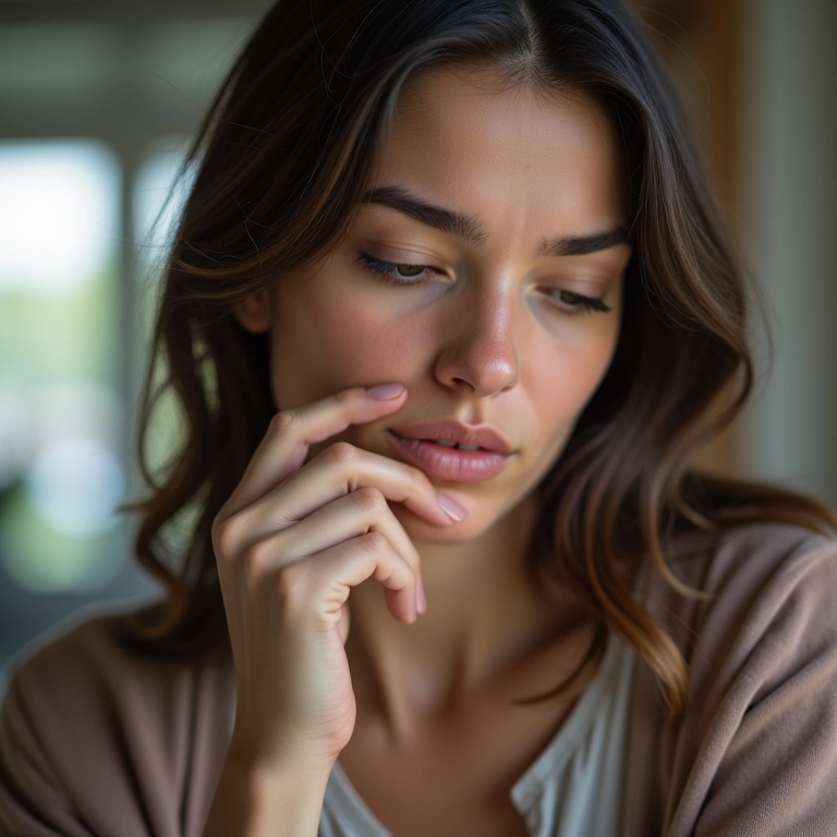 Mulher pensando sobre o que compartilhar no Facebook.