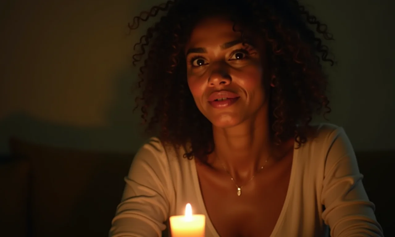 Mulher pensativa olhando para vela acesa