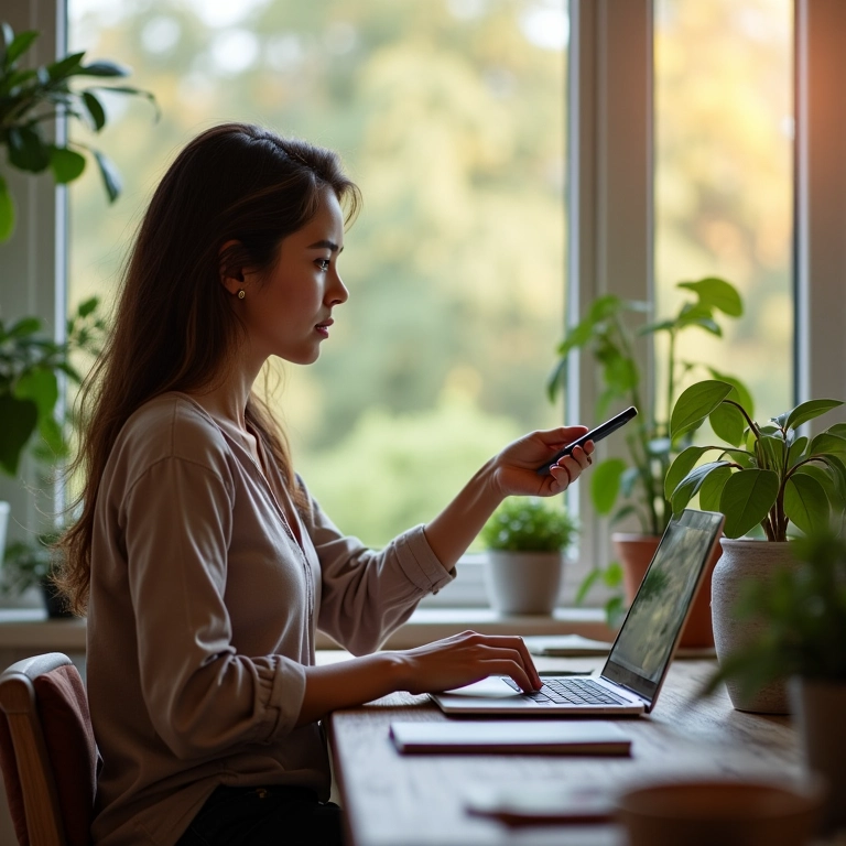 Mulher personalizando perfil do Facebook em casa.