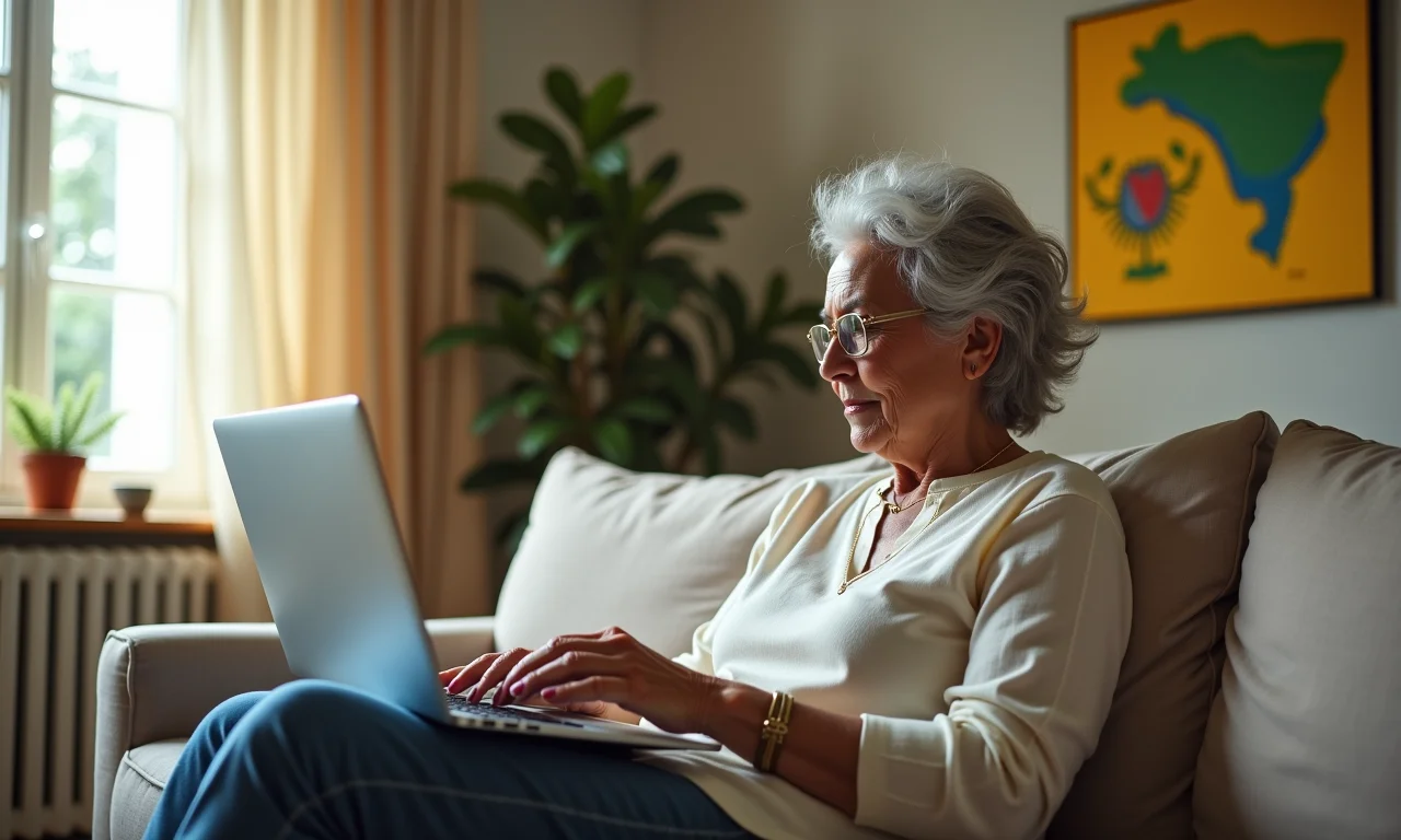 Mulher pesquisa tipos de aposentadoria no computador.