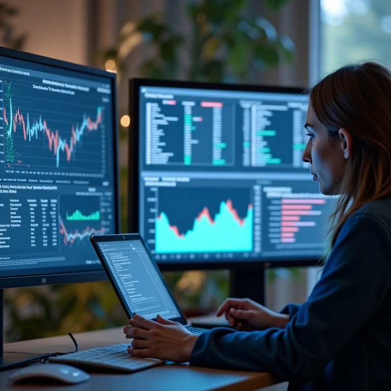 Mulher pesquisando dados em múltiplas telas com estatísticas governamentais e relatórios de mercado.