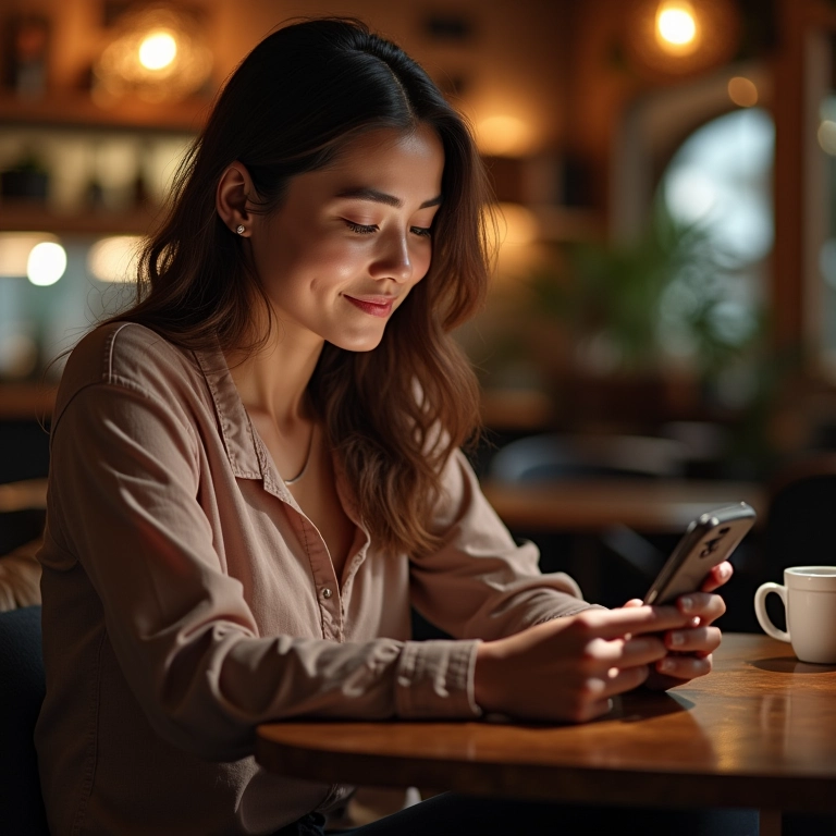 Mulher pesquisando dicas de economia em smartphone em café.