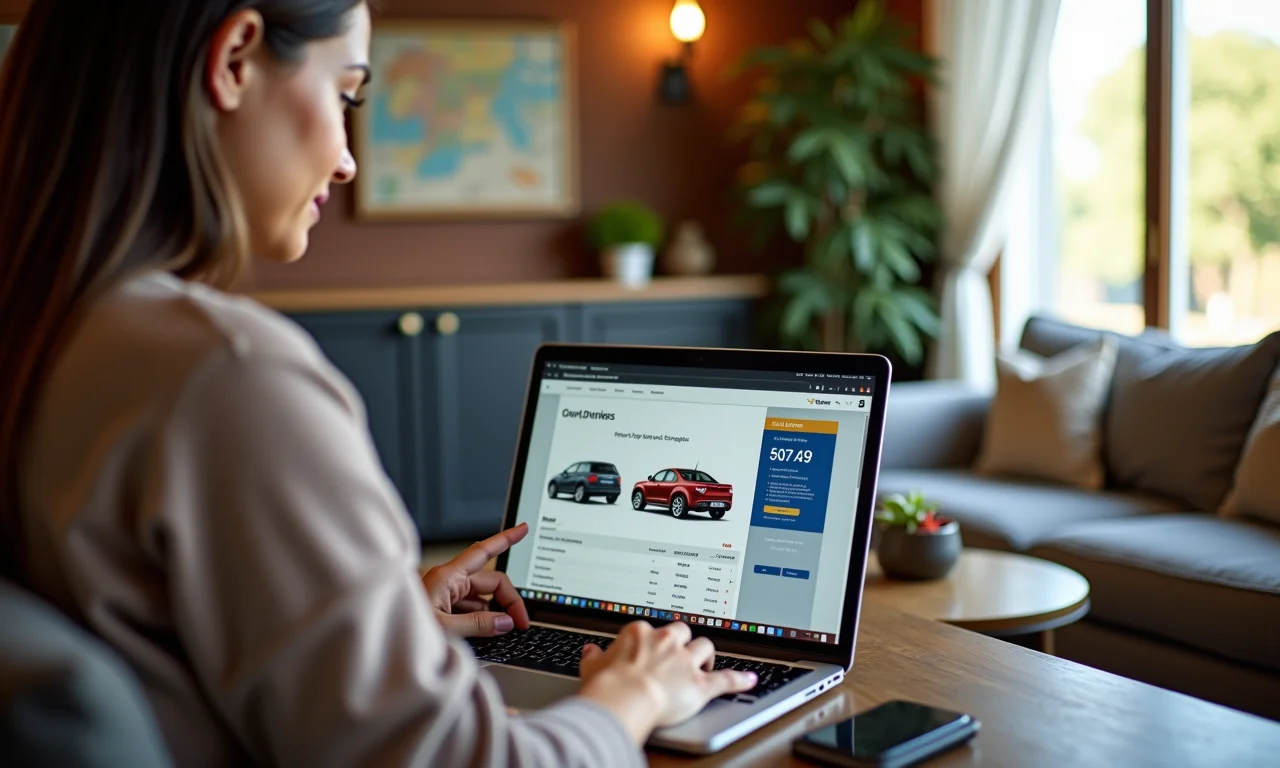 Mulher pesquisando e comparando opções de financiamento de carro online.