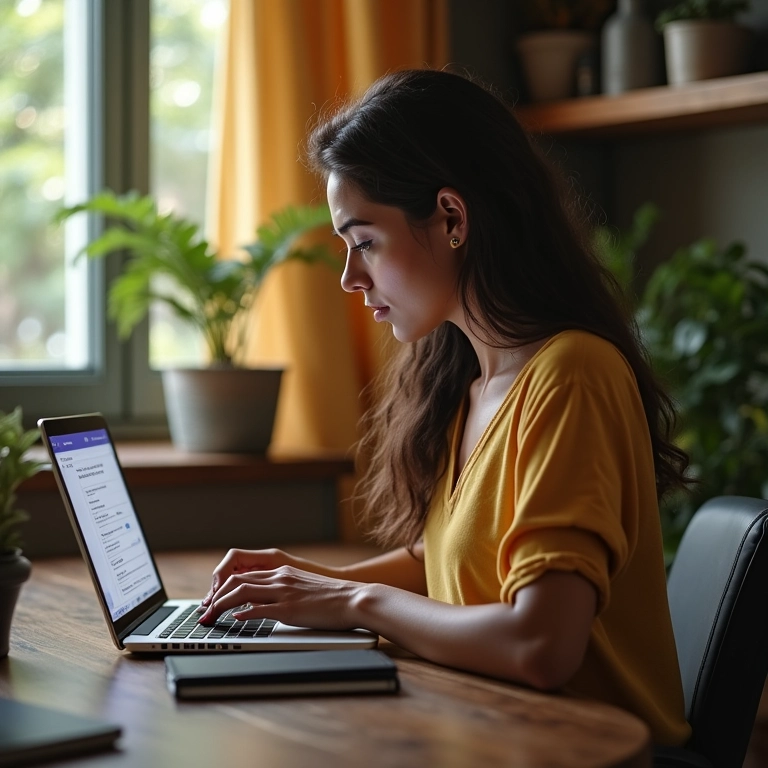 Mulher pesquisando empresas com programa Jovem Aprendiz no laptop.