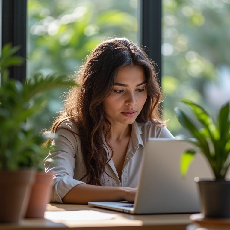 Mulher pesquisando ideias de nicho em um laptop, em um escritório vibrante com decoração brasileira.