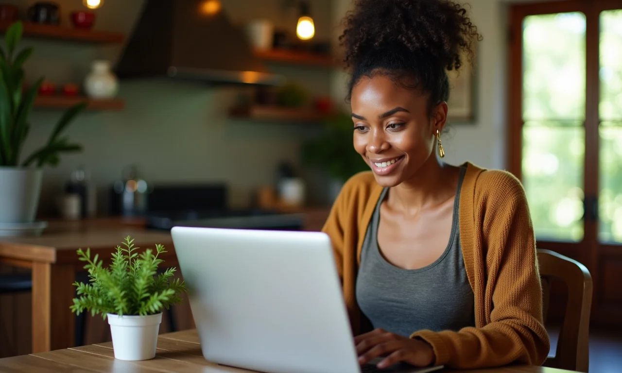 Mulher pesquisando requisitos para cartão de ônibus no laptop.