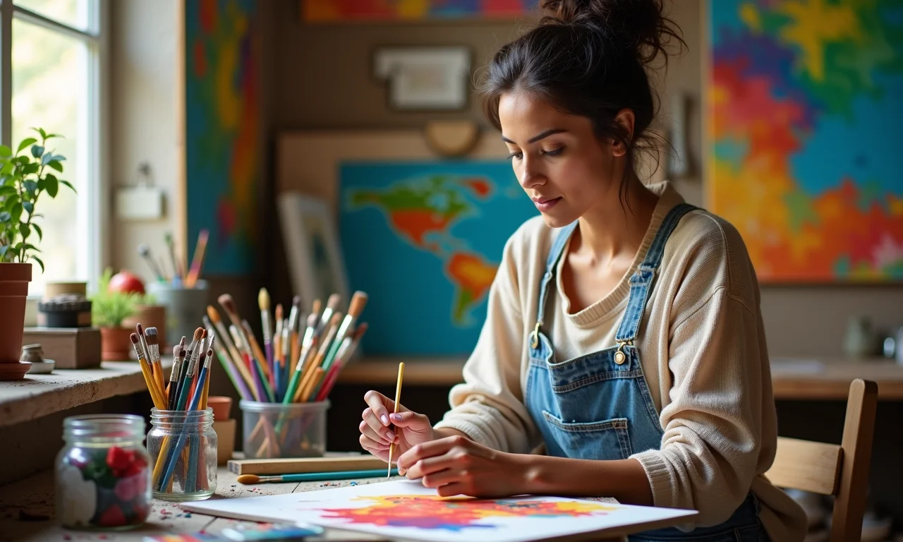 Mulher pintando apaixonadamente em um estúdio de arte brasileiro.