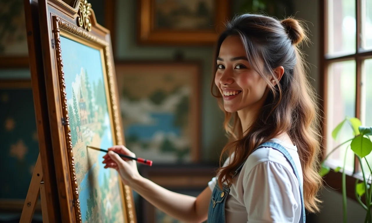 Mulher pintando biombo feito com molduras antigas em ateliê.