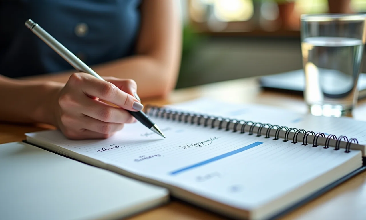 Mulher planejando a dieta da água em um caderno.