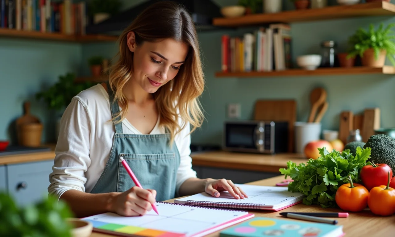 Mulher planejando cardápio semanal em cozinha colorida.