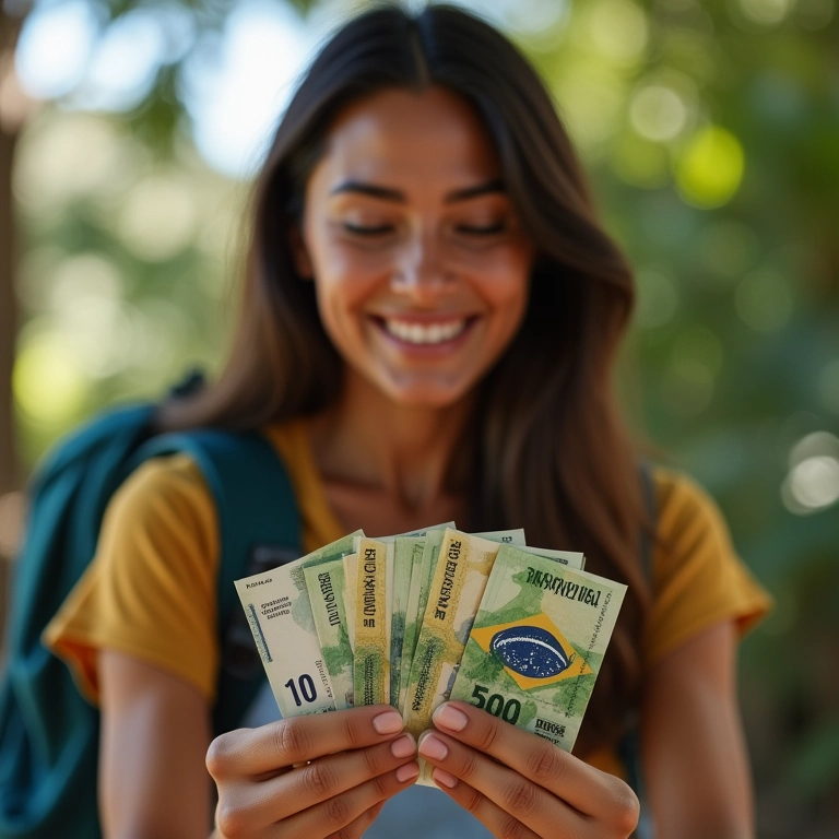 Mulher planejando mochilão com dinheiro brasileiro.