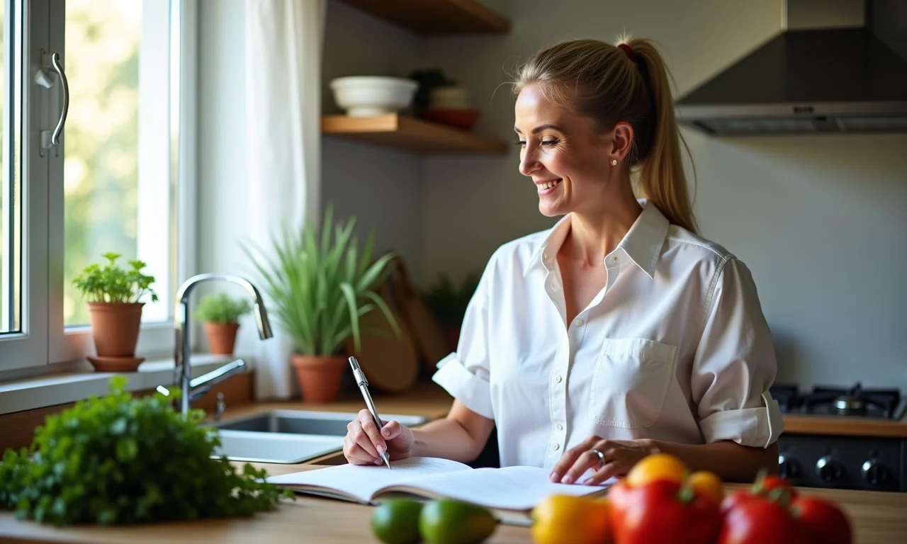 Mulher planejando refeições da semana na cozinha.
