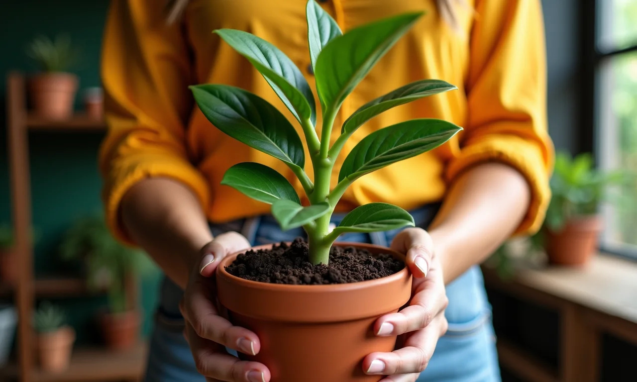 Mulher plantando muda de cambuci em vaso.