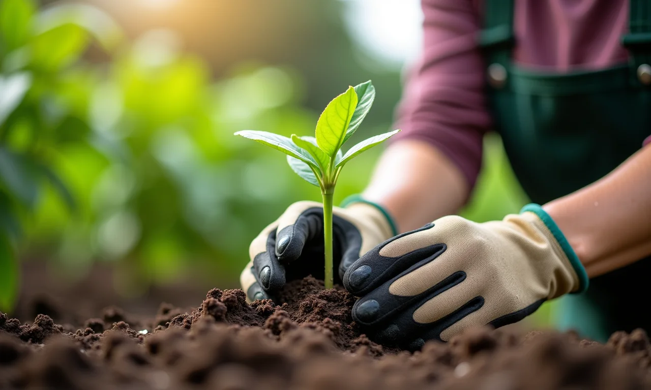 Mulher plantando muda de pupunha no jardim.