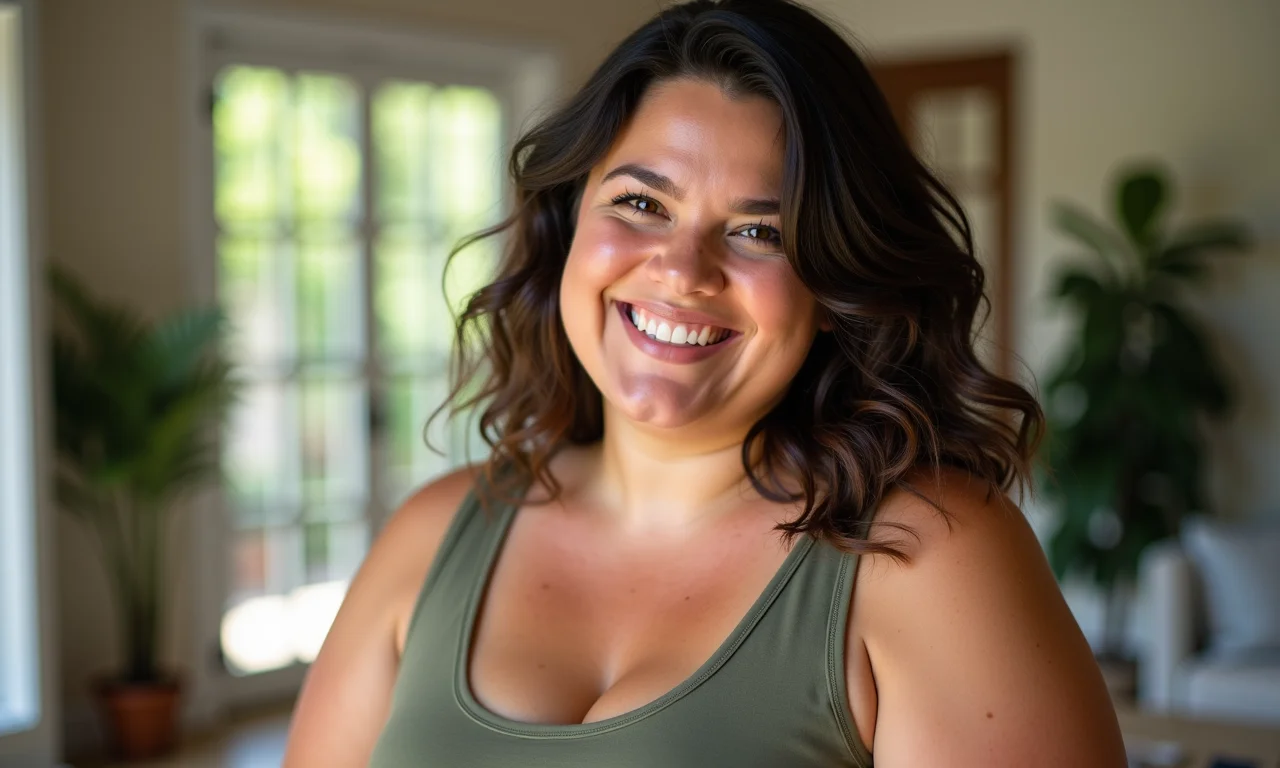 Mulher plus size usando regata de viscose.