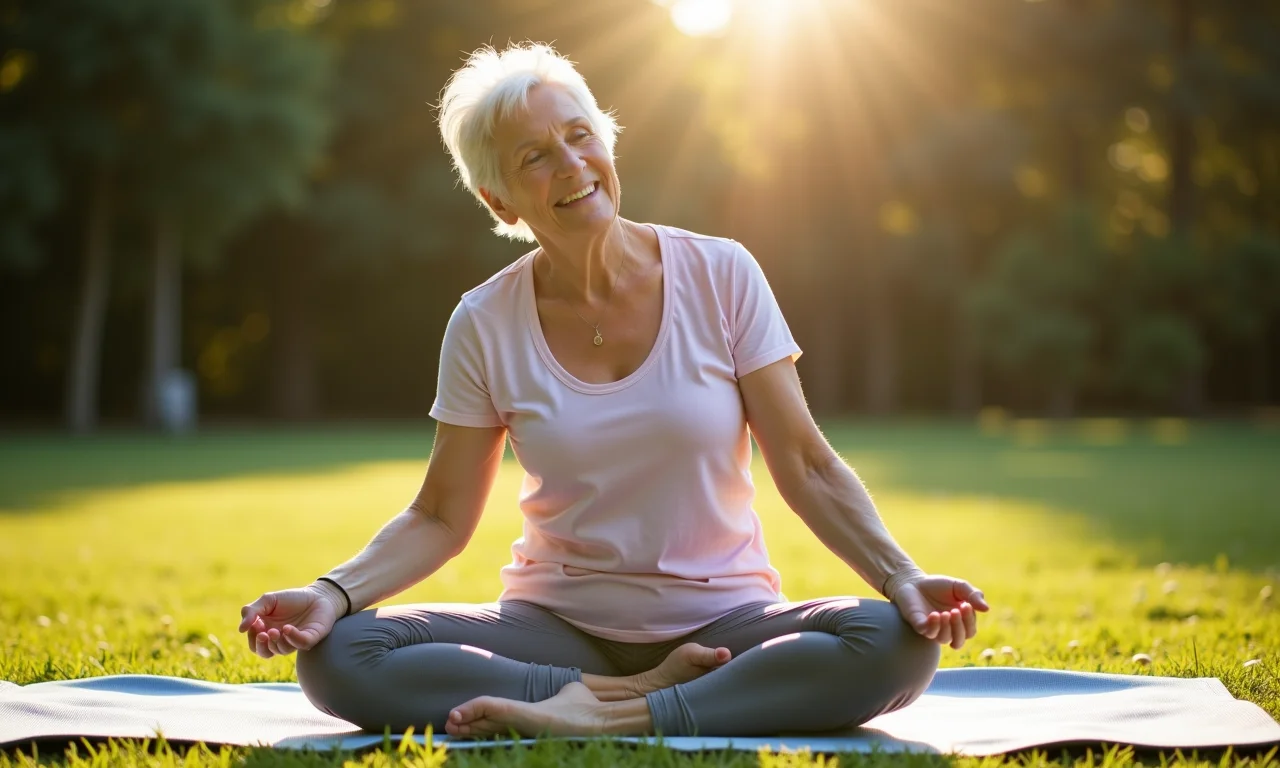 Mulher praticando yoga ao ar livre, representando a conexão entre atividade física e saúde intestinal.