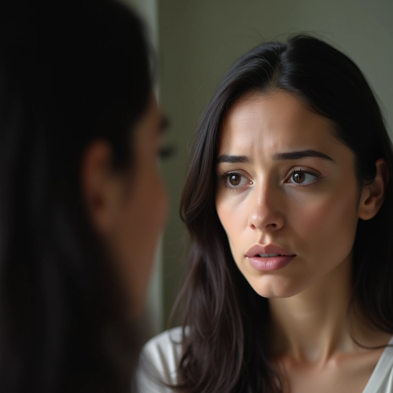 Mulher preocupada com a dificuldade de remover a tintura preta do cabelo.