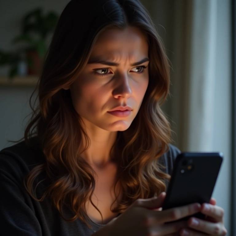 Mulher preocupada com a segurança ao usar o Facebook.