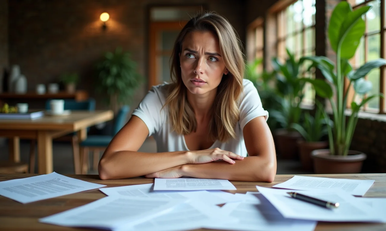 Mulher preocupada com documentos espalhados na mesa.