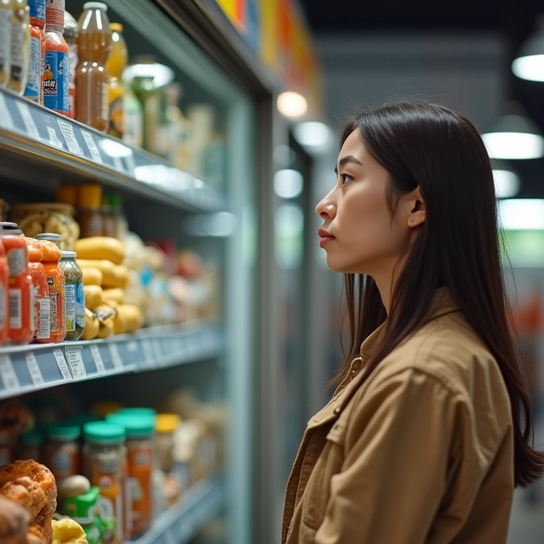 Mulher preocupada olhando para alimentos processados em uma prateleira de supermercado.