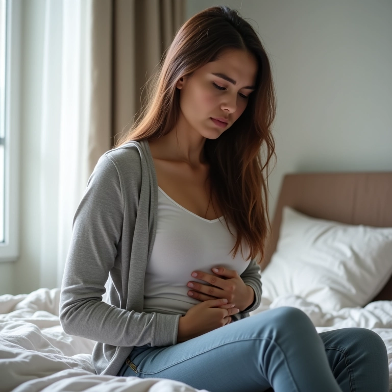Mulher preocupada segurando sua barriga, sentada na beira da cama.