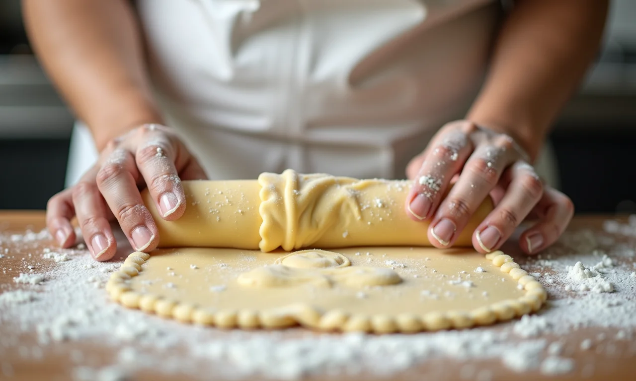 Mulher preparando a massa crocante do cannoli em cozinha iluminada.