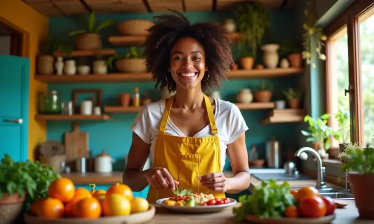Mulher preparando almoço rápido em cozinha colorida ao estilo brasileiro.