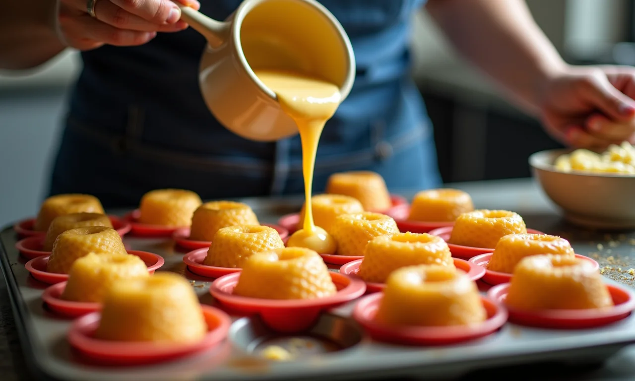 Mulher preparando canelés em formas de silicone na cozinha.