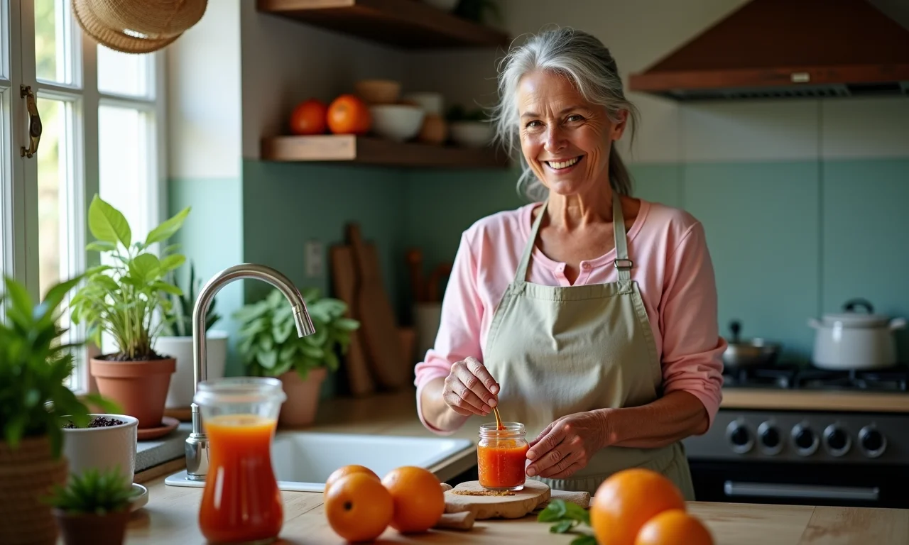 Mulher preparando geleia de ciriguela em cozinha colorida e aconchegante.