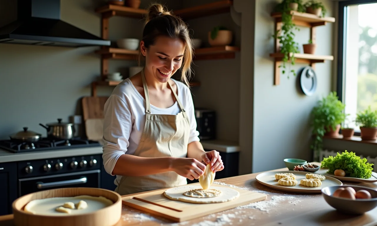 Mulher preparando massa de gyoza caseiro em cozinha brasileira.