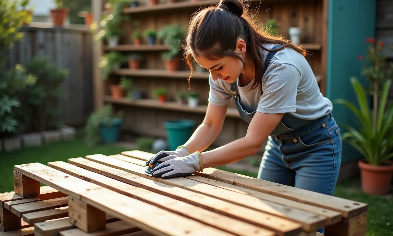 Mulher preparando pallet para jardim vertical: lixando e aplicando selante.