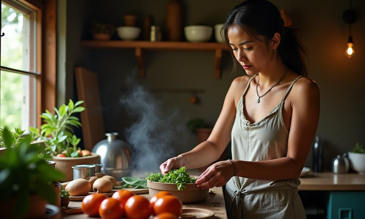 Mulher preparando pitomba em uma cozinha rústica e charmosa.