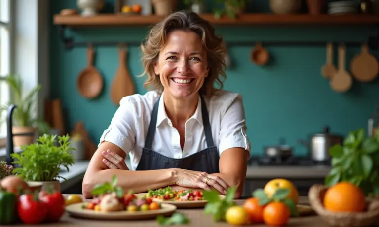 Mulher preparando pratos de gastronomia molecular em cozinha brasileira colorida.