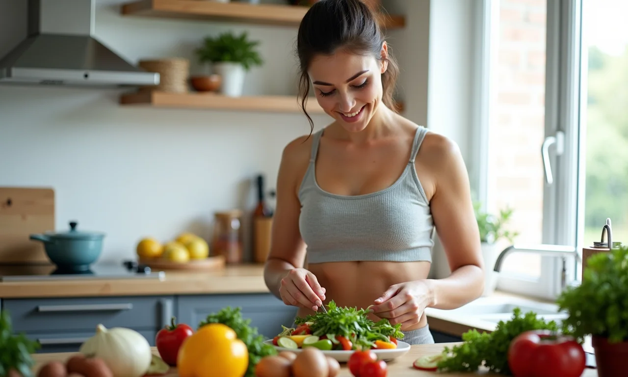 Mulher preparando refeição saudável em casa.