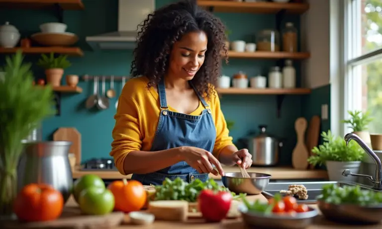 Mulher preparando refeições da semana em cozinha brasileira vibrante.