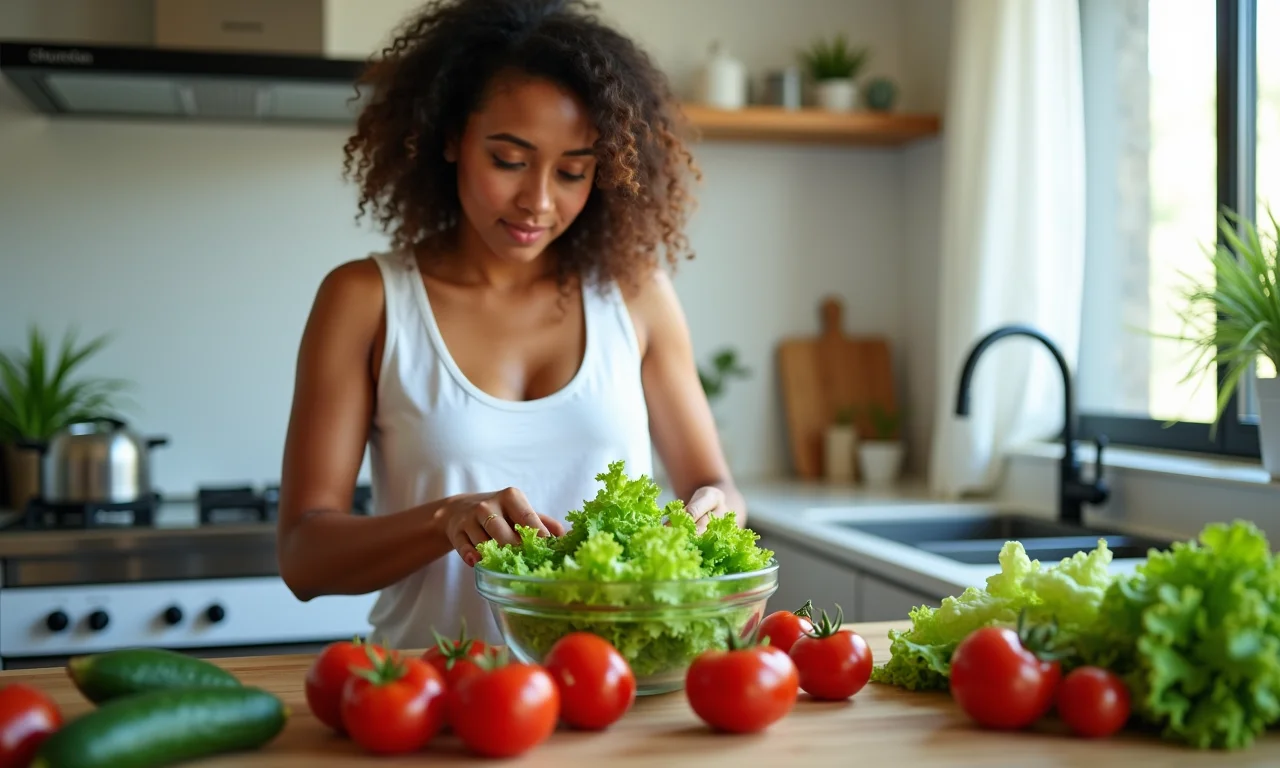 Mulher preparando salada de verão com vegetais frescos.