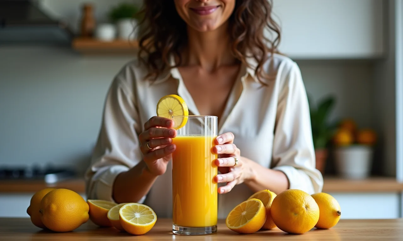 Mulher preparando smoothie saudável com bacuri na cozinha.