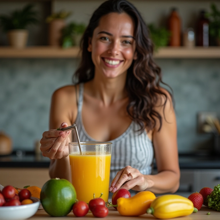 Mulher preparando suco de cajarana e dando dicas.