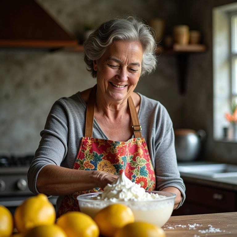 Mulher preparando torta de limão com suspiro.