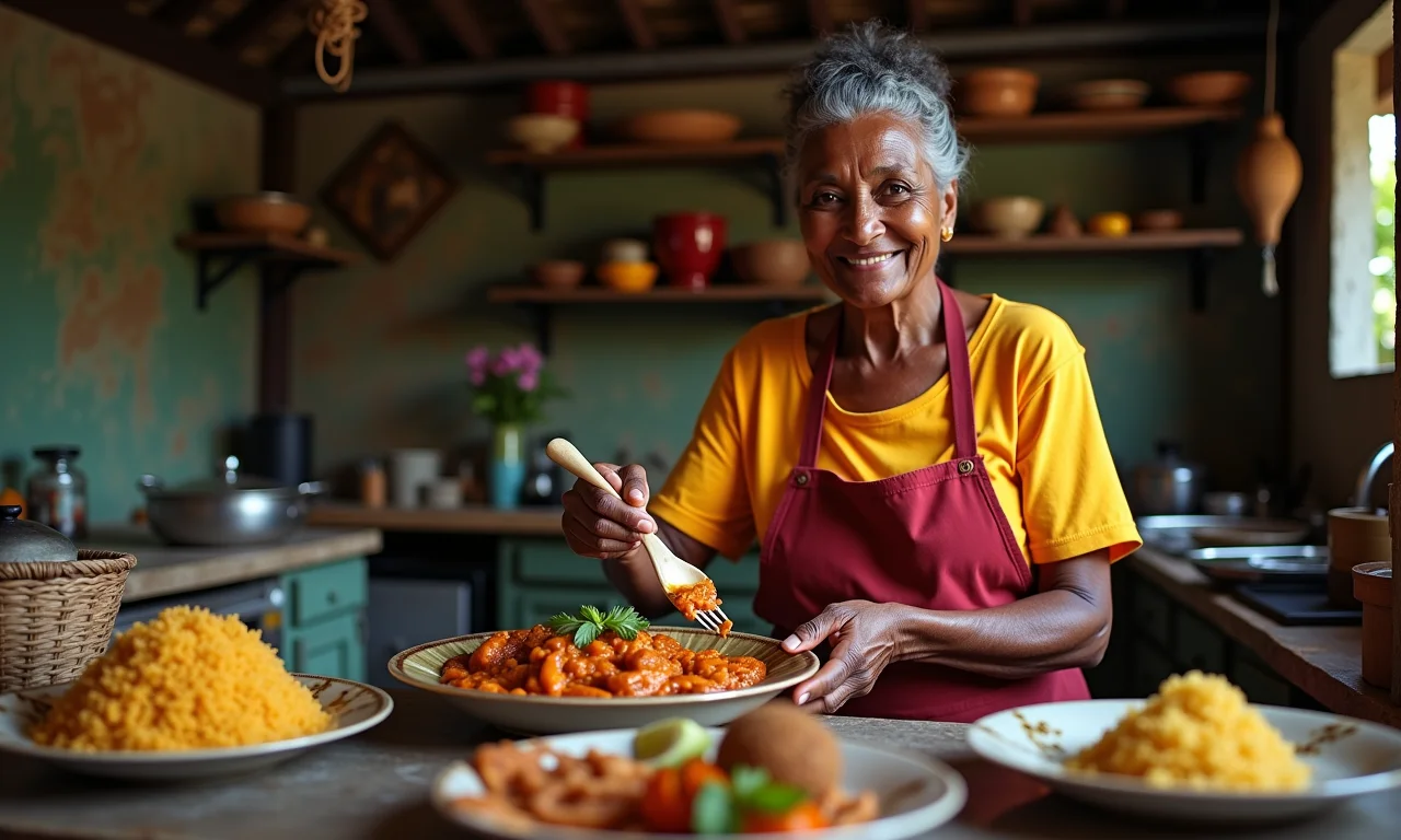 Mulher preparando vatapá baiano em cozinha colorida e aconchegante.