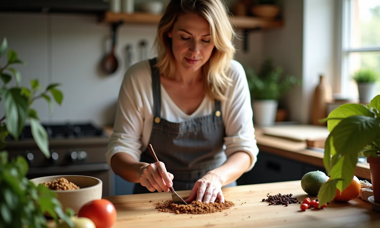 Mulher preparando veneno caseiro para baratas em cozinha colorida.