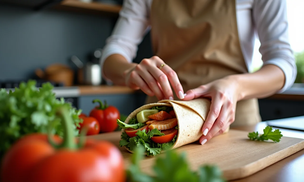 Mulher preparando wrap integral com vegetais frescos e proteína.
