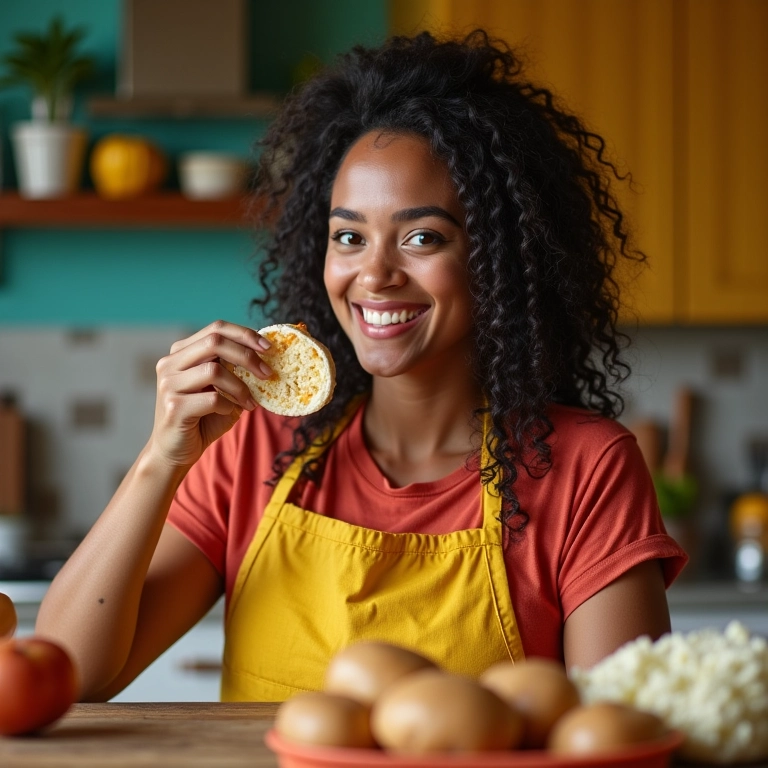 Mulher provando bolinho de arroz assado na cozinha.